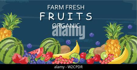 Farm fresh fruits Vector banner. Pastèque, banane, ananas et Berry Illustration de Vecteur