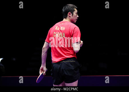 Xu Xin de Chine célèbre après avoir marqué contre ma longue de la Chine dans le match final du masculin au cours de l'Open de Corée SHINHAN la Seamaster 2019 World Tour de l'ITTF à Busan, Corée du Sud, le 7 juillet 2019. Xu Xin Long ma défaite 4-1 (7-11, 11-6, 11-9, 11-7, 11-8). Banque D'Images