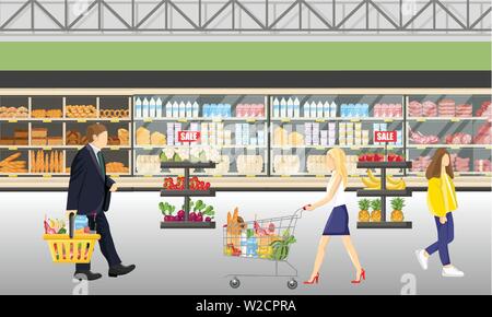 Les gens dans le supermarché shop Vector style plat. Shopping les produits alimentaires. Modèle de vente Illustration de Vecteur