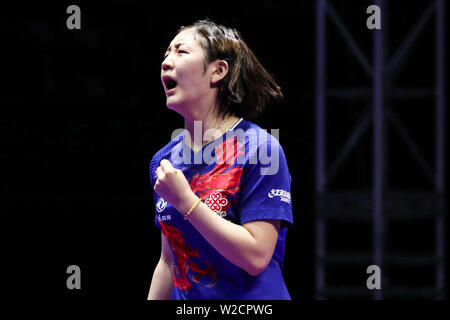 Meng Chen de Chine célèbre après avoir marqué contre Ding Ning de Chine dans le dernier match de simple féminin au cours de l'Open de Corée SHINHAN la Seamaster 2019 World Tour de l'ITTF à Busan, Corée du Sud, le 7 juillet 2019. Chen Meng Ding défait 4-1 Ning (11-5, 11-6, 11-5, 7-11, 11-9). Banque D'Images