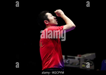 Xu Xin de Chine célèbre après avoir marqué contre ma longue de la Chine dans le match final du masculin au cours de l'Open de Corée SHINHAN la Seamaster 2019 World Tour de l'ITTF à Busan, Corée du Sud, le 7 juillet 2019. Xu Xin Long ma défaite 4-1 (7-11, 11-6, 11-9, 11-7, 11-8). Banque D'Images