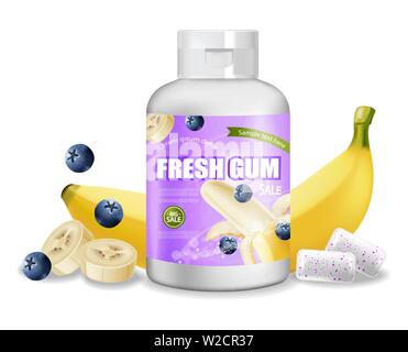 Chewing-gum Vector réaliste. Placement de produit de conception d'étiquettes détaillées. Emballage les bouteilles. Saveur de banane et de fruits rouges. 3d illustration Illustration de Vecteur
