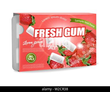 Chewing-gum Vector réaliste. Placement de produit de conception d'étiquettes détaillées. Saveur de fraise. 3d illustration Illustration de Vecteur
