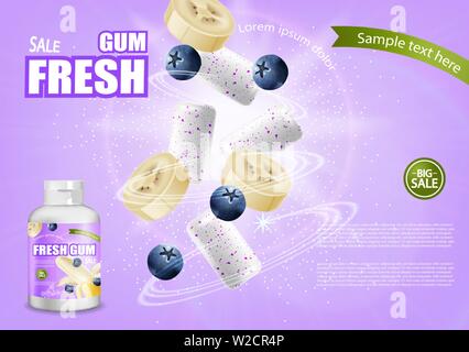 Chewing-gum mock up Vector réaliste. Placement de produit de conception d'étiquettes détaillées. Saveur de banane et de fruits rouges. 3d illustration Illustration de Vecteur