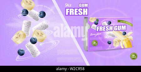 Chewing-gum mock up Vector réaliste. Placement de produit de conception d'étiquettes détaillées. Saveur de banane et de fruits rouges. 3d illustration Illustration de Vecteur