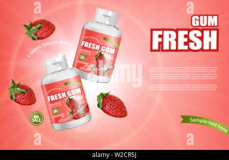 Chewing-gum fraise Vector réaliste. Placement de produit de conception d'étiquettes détaillées. Saveurs de petits fruits. 3d illustration Illustration de Vecteur
