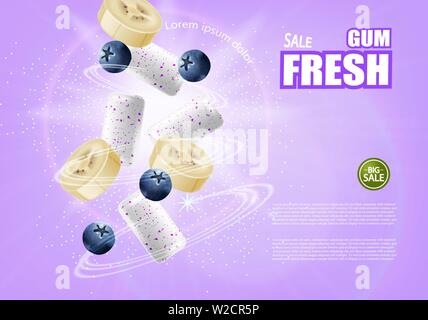 Chewing-gum mock up Vector réaliste. Placement de produit de conception d'étiquettes détaillées. Saveur de banane et de fruits rouges. 3d illustration Illustration de Vecteur
