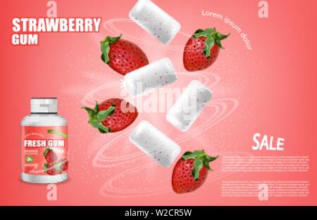 Chewing-gum fraise Vector réaliste. Placement de produit de conception d'étiquettes détaillées. Saveurs de petits fruits. 3d illustration Illustration de Vecteur
