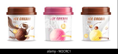 Crème glace seau en plastique emballage conteneur Vector réaliste. Chocolat, Fraise et vanille. Design de l'étiquette 3d illustration Illustration de Vecteur