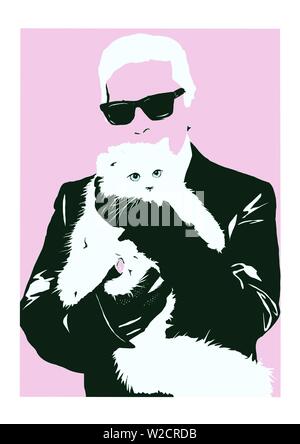 Illustration Karl Lagerfeld avec cat choupette Banque D'Images