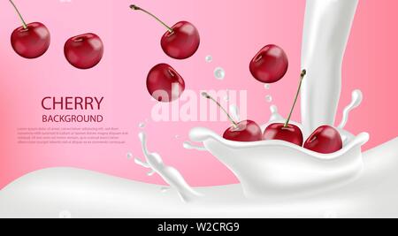 Splash de lait avec cherry Vector réaliste. Illustrations 3d détaillée Contexte Illustration de Vecteur