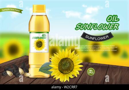 L'huile de tournesol maquette réaliste de vecteur. Le placement de produits design de l'étiquette. 3d illustration Illustration de Vecteur