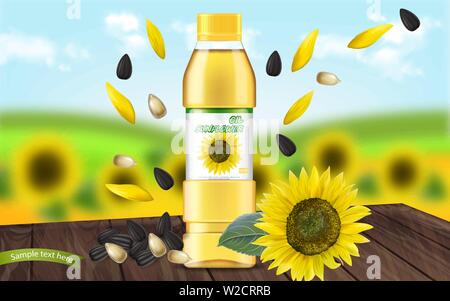 L'huile de tournesol maquette réaliste de vecteur. Le placement de produits design de l'étiquette. 3d illustration Illustration de Vecteur