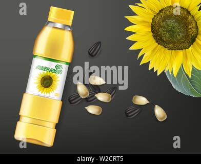 L'huile de graines de tournesol maquette réaliste de vecteur. Le placement de produits design de l'étiquette. Fond sombre. 3d illustration Illustration de Vecteur
