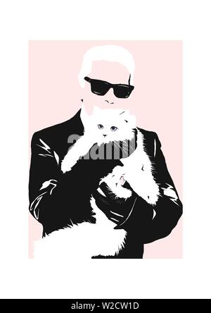 Illustration Karl Lagerfeld avec cat choupette Banque D'Images