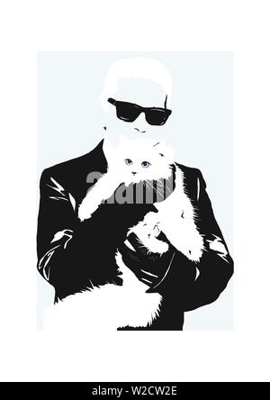 Illustration Karl Lagerfeld avec cat choupette Banque D'Images