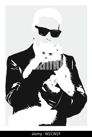 Illustration Karl Lagerfeld avec cat choupette Banque D'Images