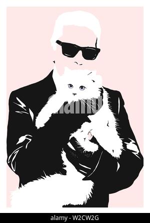 Illustration Karl Lagerfeld avec cat choupette Banque D'Images