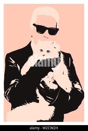 Illustration Karl Lagerfeld avec cat choupette Banque D'Images