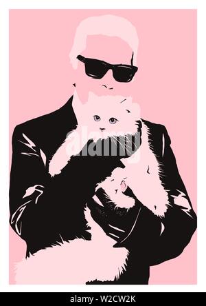 Illustration Karl Lagerfeld avec cat choupette Banque D'Images
