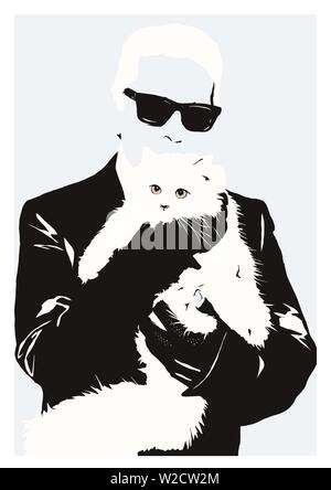 Illustration Karl Lagerfeld avec cat choupette Banque D'Images