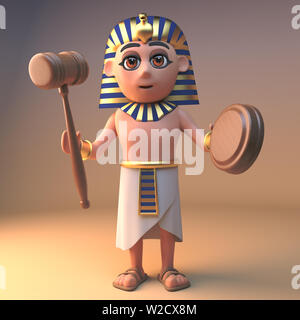 Sage pharaon égyptien Toutankhamon la tenue d'une vente aux enchères marteau marteau, illustration 3D render Banque D'Images