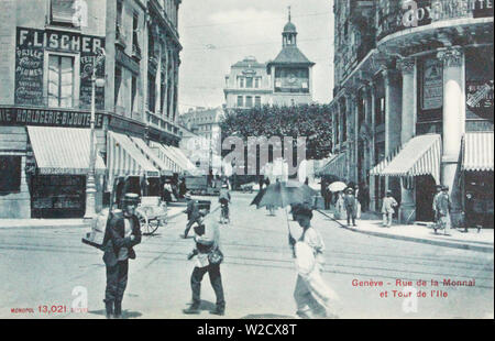 La Suisse. Genève. Genève - Rue de la Monnaie et Tour de I'mensonge. Le début du XX siècle. Banque D'Images