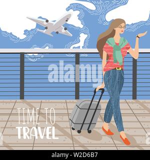 Cute vector illustration avec Femme regardant une montre-bracelet et de valise dans le contexte d'un avion en vol dans le ciel. Girl prêt à voyager Illustration de Vecteur