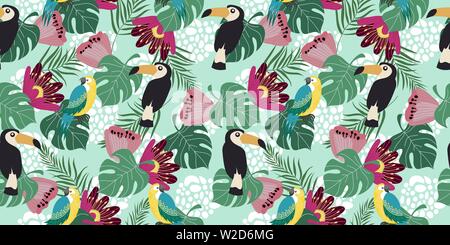 Hand drawn seamless pattern horizontale avec les oiseaux tropicaux, de fleurs et de feuilles sur fond bleu. Vector illustration télévision de perroquets et toucans . Illustration de Vecteur