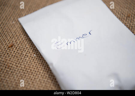 Stuttgart, Allemagne. 08 juillet, 2019. Un petit sac de papier avec l'inscription 'Amidonnier' est allongé sur une table lors d'une conférence de presse sur une variété de grain field trial. L'expérience est destinée à fournir des informations sur la manière dont les différentes variétés, telles que l'engrain, l'amidonnier et Dinkel, s'affirmer dans la culture, les risques qu'ils ont et pour quels produits l'un ou l'autre variété de céréale est plus adaptée. Credit : Marijan Murat/dpa/Alamy Live News Banque D'Images