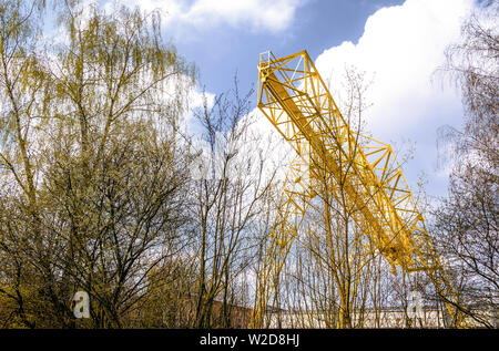 Grue jaune derrière les arbres sur le territoire de l'entreprise. L'industrie, de la production, de l'entrepôt. Banque D'Images