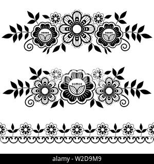 Les modèles simple dentelle motif ornemental, collection de roses, de fleurs et de tourbillons, motif dentelle détaillée en noir et blanc Illustration de Vecteur