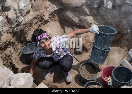 Kiryat Gat, Israël. 8 juillet, 2019. L'Australie, Israël et le sud-coréen réalisé par les bénévoles Le professeur Yosef Garfinkel, de l'Université hébraïque et le professeur Kyle Keimer de Macquarie University à Sydney, en Australie, les fouilles sur le site de Khirbet un Rai dans les collines de Judée, entre Kiryat Gat et Lakis. Credit : Alon Nir/Alamy Live News Banque D'Images