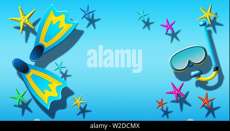 Des vacances d'été à la piscine avec plongée masque et palmes flottant sur une surface de l'eau bleue Banque D'Images