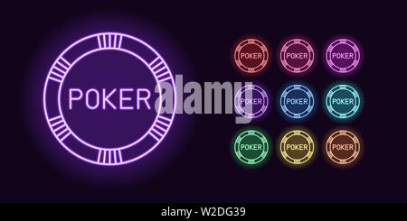 Jeu de carte au néon, icône de jeu de Poker. Set de poker, rayonnante dans un style rétro-éclairage au néon avec transparence. Silhouette vecteur, rouge rose vert violet bleu-violet, az Illustration de Vecteur