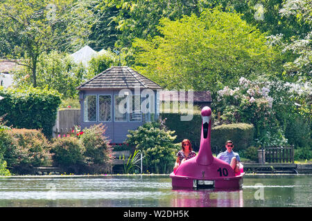 Un couple sur un bateau à pédales profiter du bain de l'été sur la rivière Avon à Warwick, Royaume-Uni, le 4 juillet 2019. Banque D'Images