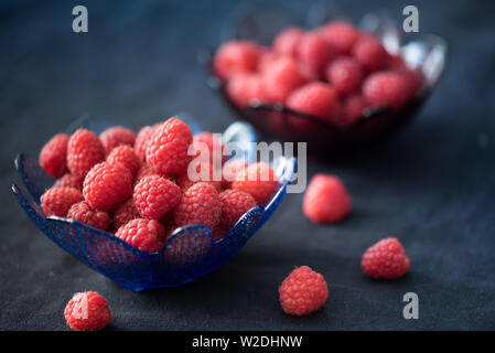 Portion de framboises mûres dans une tasse bleue. Baies pour dessert. Banque D'Images