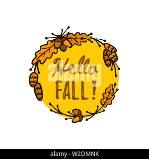 Les feuilles d'automne forme arrondie avec les mots Hello vecteur d'automne part attirer l'arrière-plan de carte de Vœux, bannière Web Tableau des ventes et de l'action de grâce Illustration de Vecteur