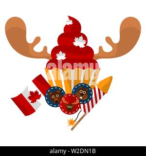 Cupcake isolés avec des cornes de l'orignal, un drapeau du Canada et d'une fusée d'artifice - Vector Illustration de Vecteur