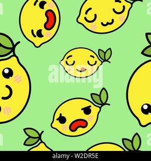 Modèle sans couture avec cute kawaii cartoon illustration vecteur citrons emoji Illustration de Vecteur