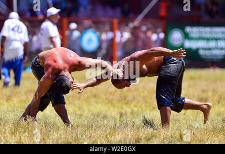 Ankara, Turquie. 7 juillet, 2019. Lors de la traditionnelle concurrence lutteurs Huile Kirkpinar Wrestling Festival à Edirne, Turquie, le 7 juillet 2019. L'huile de Kirkpinar Turquie Wrestling Festival est un sport traditionnel vieux de plusieurs siècles, de l'événement dans lequel les sportifs couverts avec de l'huile d'olive en compétition pour gagner un prestigieux golden belt. Pour aller avec : la Turquie entreprend de grands huile traditionnel tournoi de lutte. Credit : Ihlas News Agency/Xinhua/Alamy Live News Banque D'Images