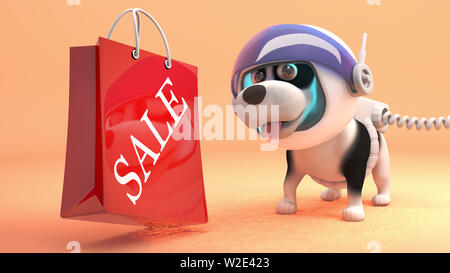 Puppy dog sur Mars en scaphandre conclut une vente sac de shopping, illustration 3D render Banque D'Images