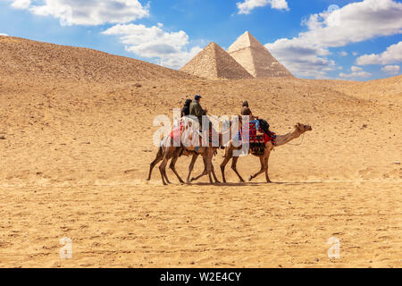 Hommes égyptiens sur des chameaux dans les sables près des pyramides de Gizeh Banque D'Images