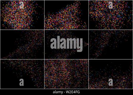 Ensemble de textures multicolores isolé sur noir. Explosion de confettis colorés. Arrière-plan de célébration. Élément de design plat. Illustration vectorielle, EPS 1 Illustration de Vecteur