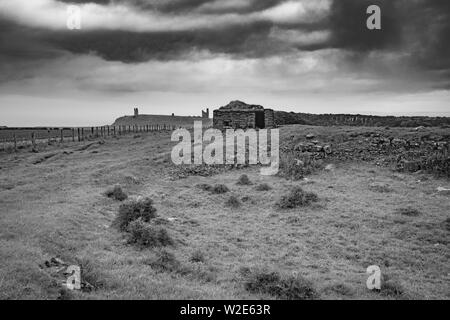 Guerre Mondiale deux Pilllbox avec Château de Dunstanburgh dans la distance, Northumberland, Angleterre Banque D'Images