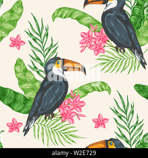 Motif transparent tropical vert avec des feuilles de bananiers, fleurs et oiseau toucan. Arrière-plan dessiné à la main Banque D'Images