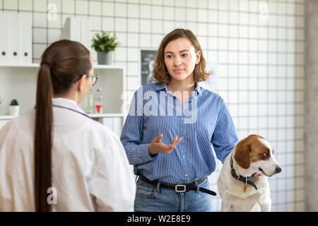 Le vétérinaire et le client avec le chien de discuter du traitement dans une clinique vétérinaire. Banque D'Images