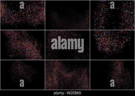 Ensemble de textures multicolores isolé sur noir. Explosion de confettis colorés. Arrière-plan de célébration. Élément de design plat. Illustration vectorielle, EPS 1 Illustration de Vecteur