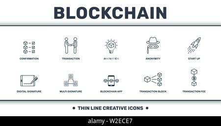 Blockchain set icons collection. Comprend des éléments simples telles que la confirmation, la transaction, l'innovation, de l'anonymat, le démarrage, le Multi-Signature et Illustration de Vecteur