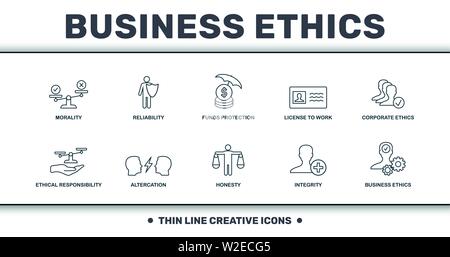 Collection d'icônes éthique professionnelle. Comprend des éléments créatifs tels que la moralité, la fiabilité, la protection des fonds, l'autorisation de travailler, l'éthique de l'entreprise Illustration de Vecteur